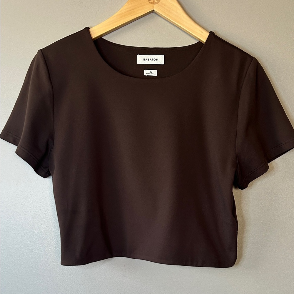 Aritzia Babaton Contour Crop‎ Top Short Sleeve Size XL Chocolate Brown